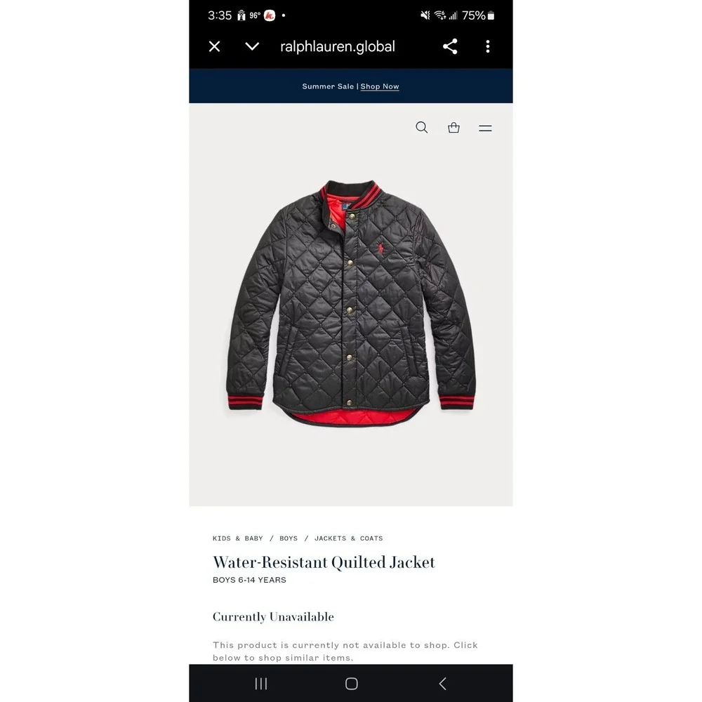 POLO RALPH LAUREN Quilted Jacket Boys XL Snap Buttons Black Red Water Resistant